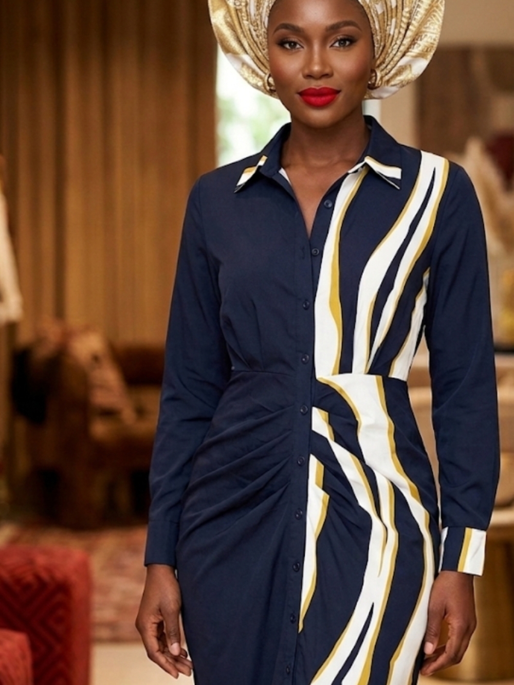Navy Striped Wrap-Style Shirt Dress - Women's 24 inch p2p 53 inches long